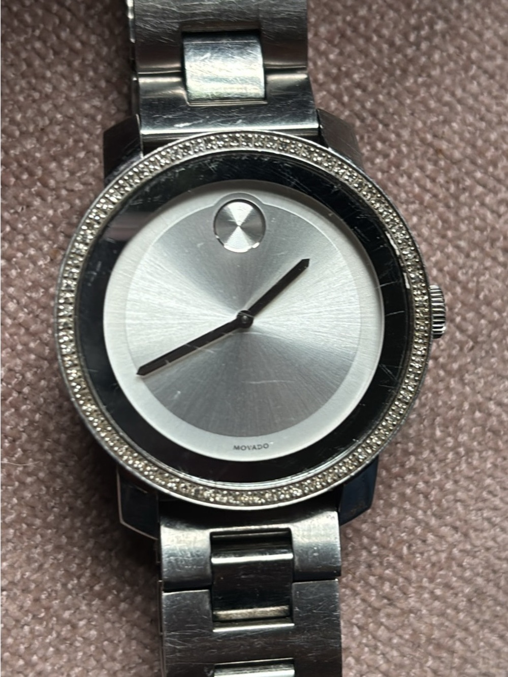 Movado Silver and Crystal Bezel Watch